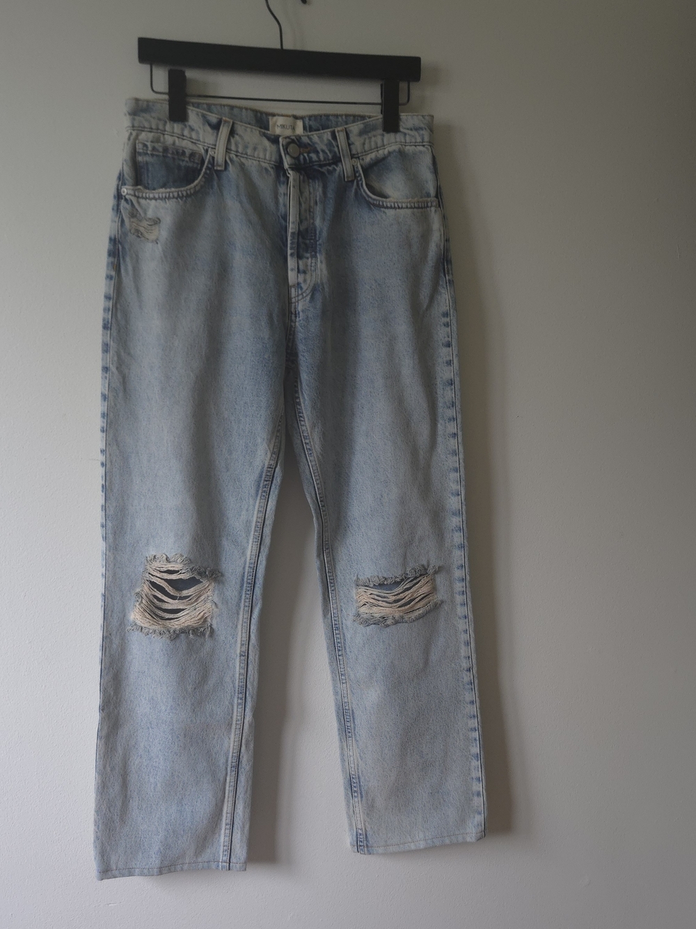 Mikuta Distressed High Waisted Straight Leg Jeans Light Acid Wash Cotton Size 27